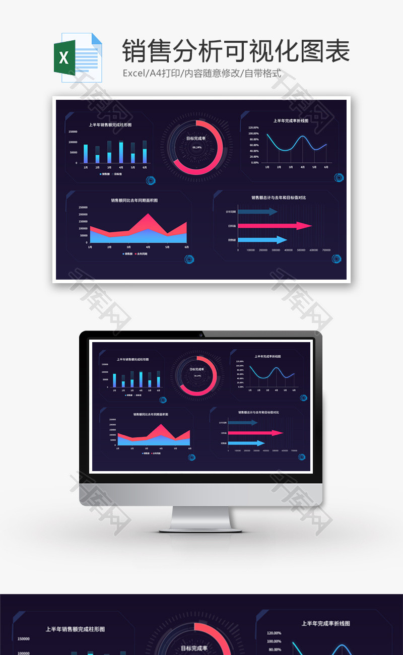 红蓝双色销售分析可视化图表Excel模板
