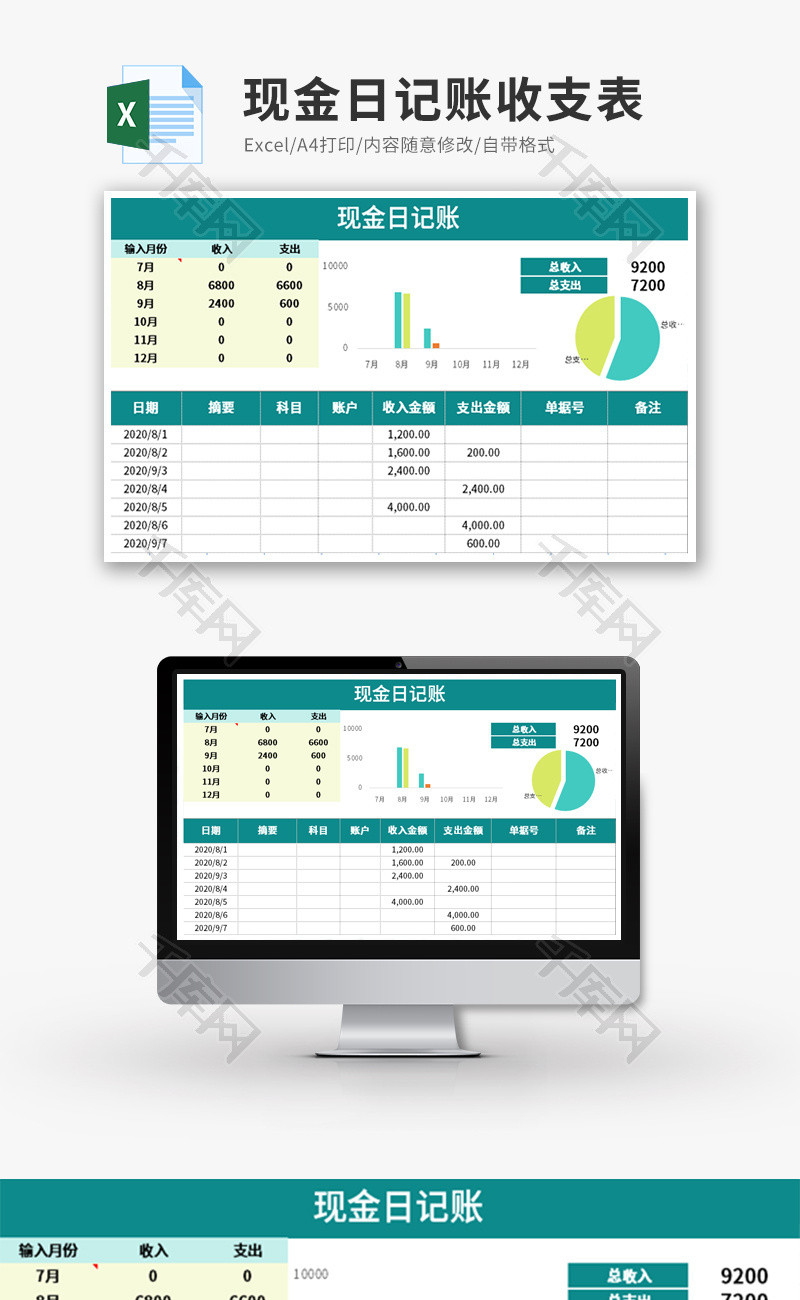 现金日记账收支图表分析Excel模板