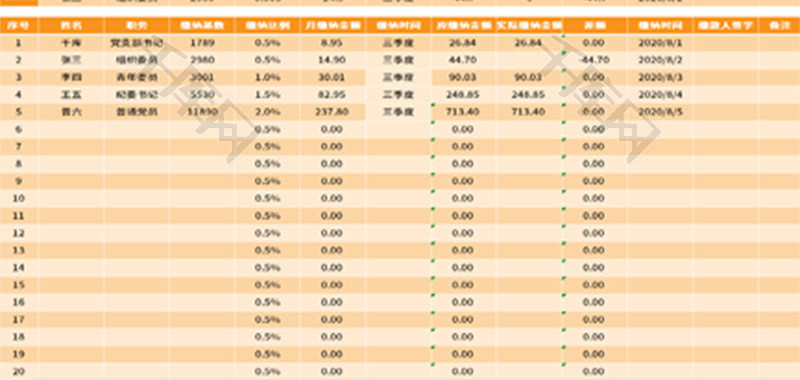 党员党费收缴登记表Excel模板