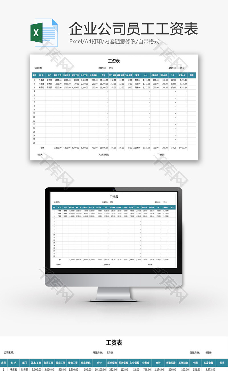 企业公司员工工资表excel模板