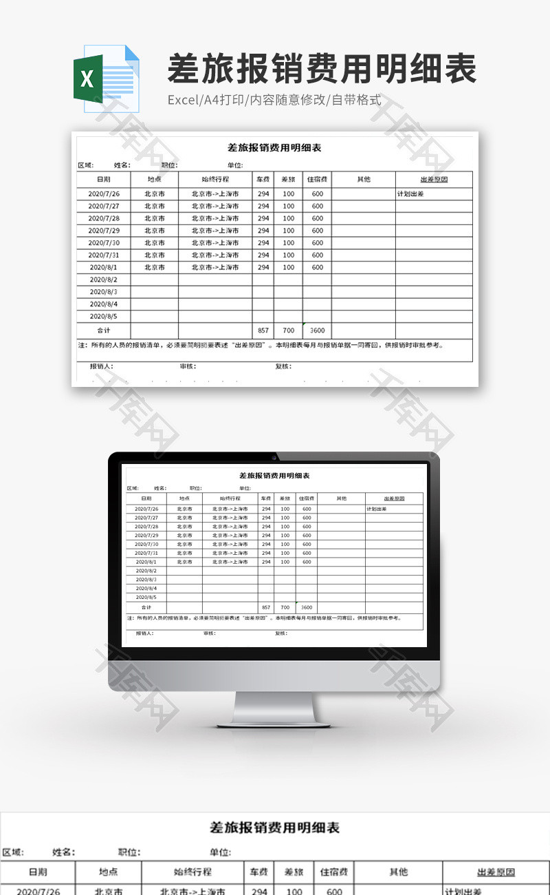 差旅报销费用明细表Excel模板
