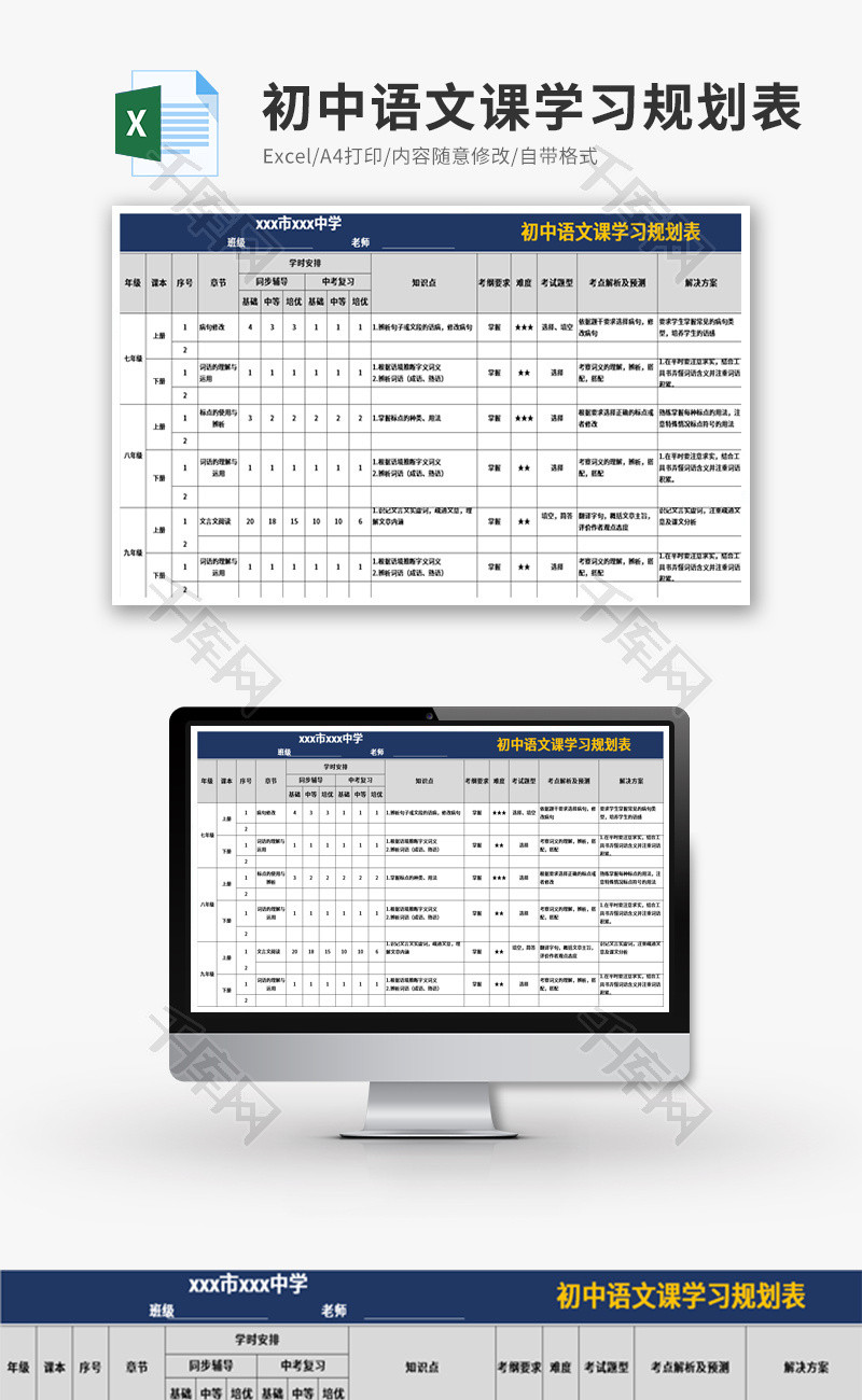 初中语文课学习规划表Excel模板