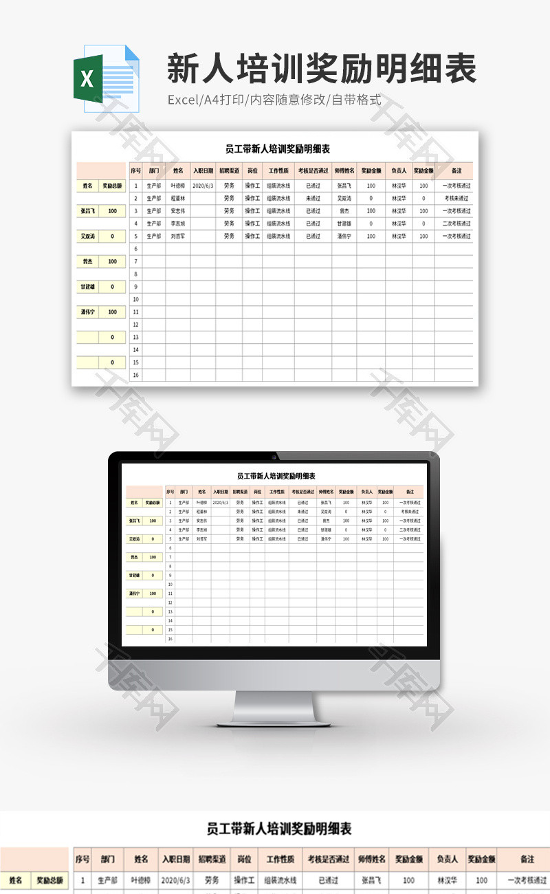 员工带新人培训奖励明细表Excel模板