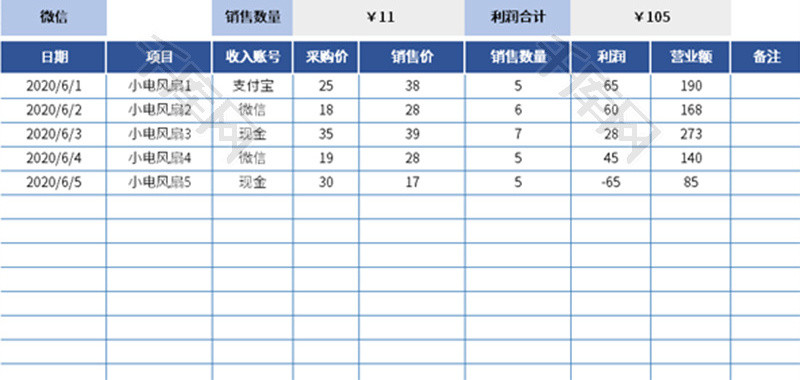 摆地摊收支记账表Excel模板