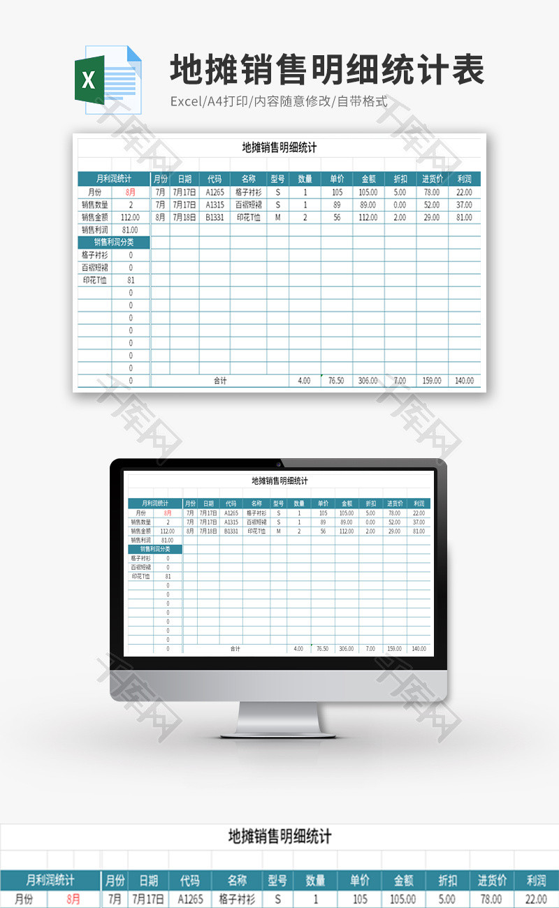 地摊销售明细统计表Excel模板