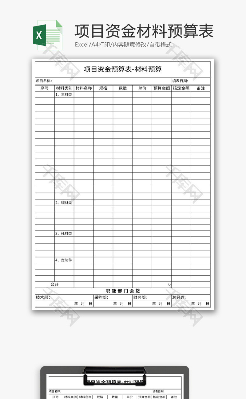项目资金材料预算登记表Excel模板