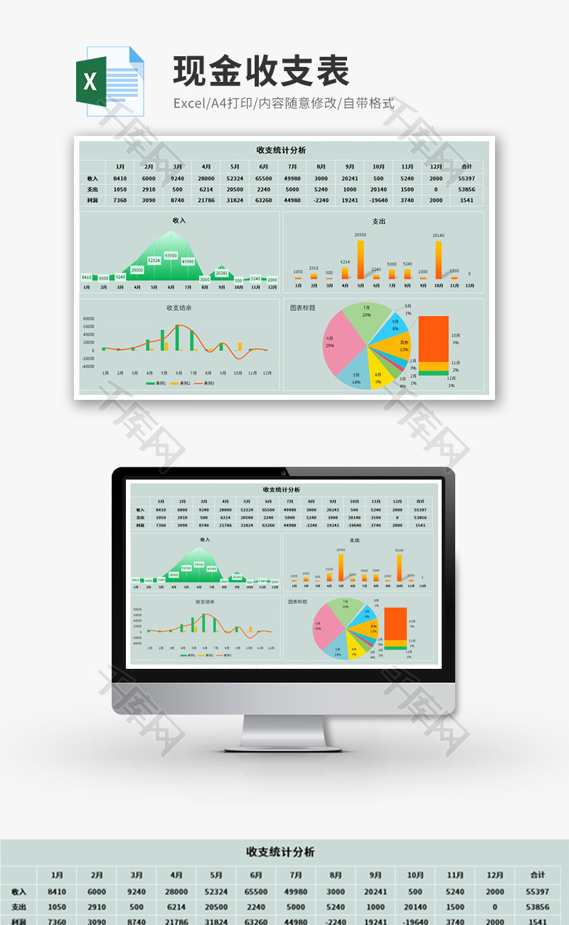 现金收支表-月收支统计分析Excel模板