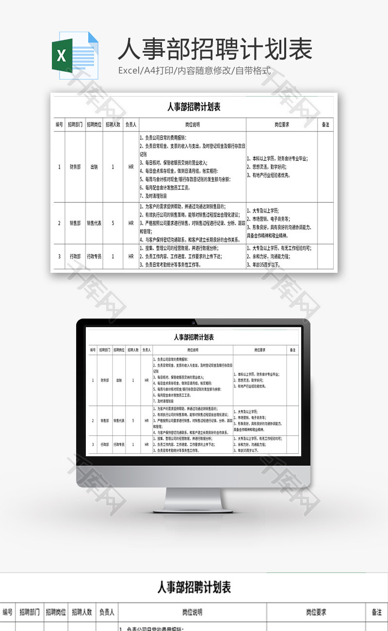 公司企业人事部招聘计划表Excel模板