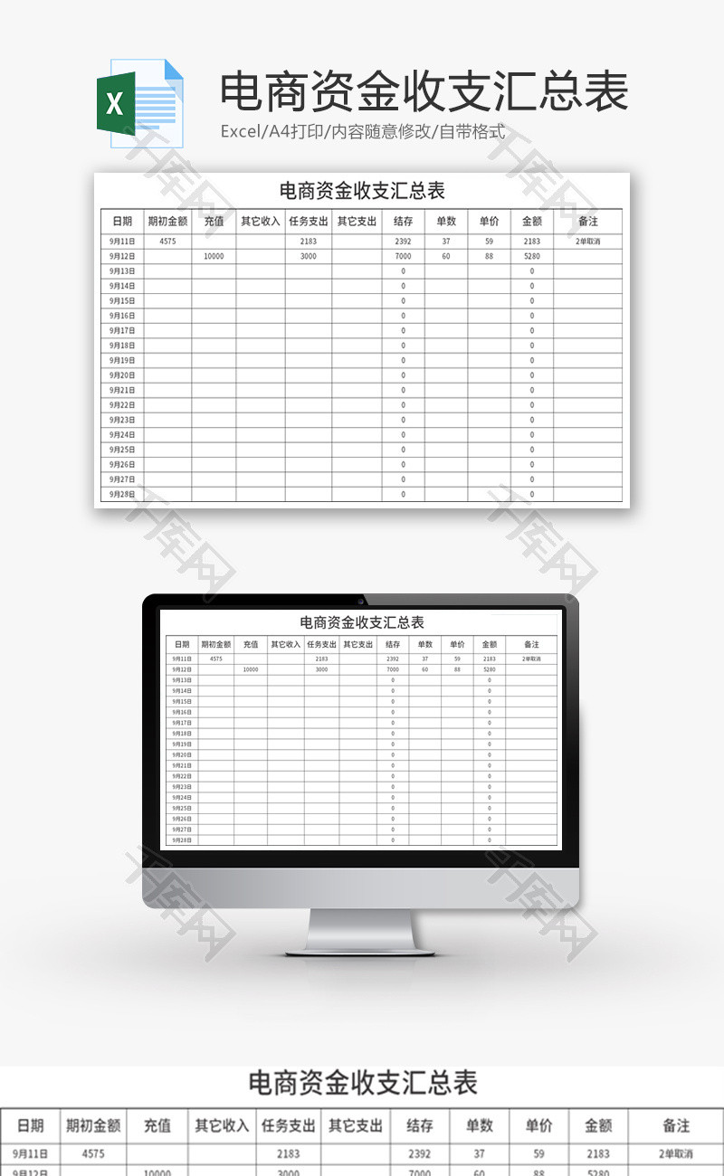 电商资金收支汇总表Excel模板