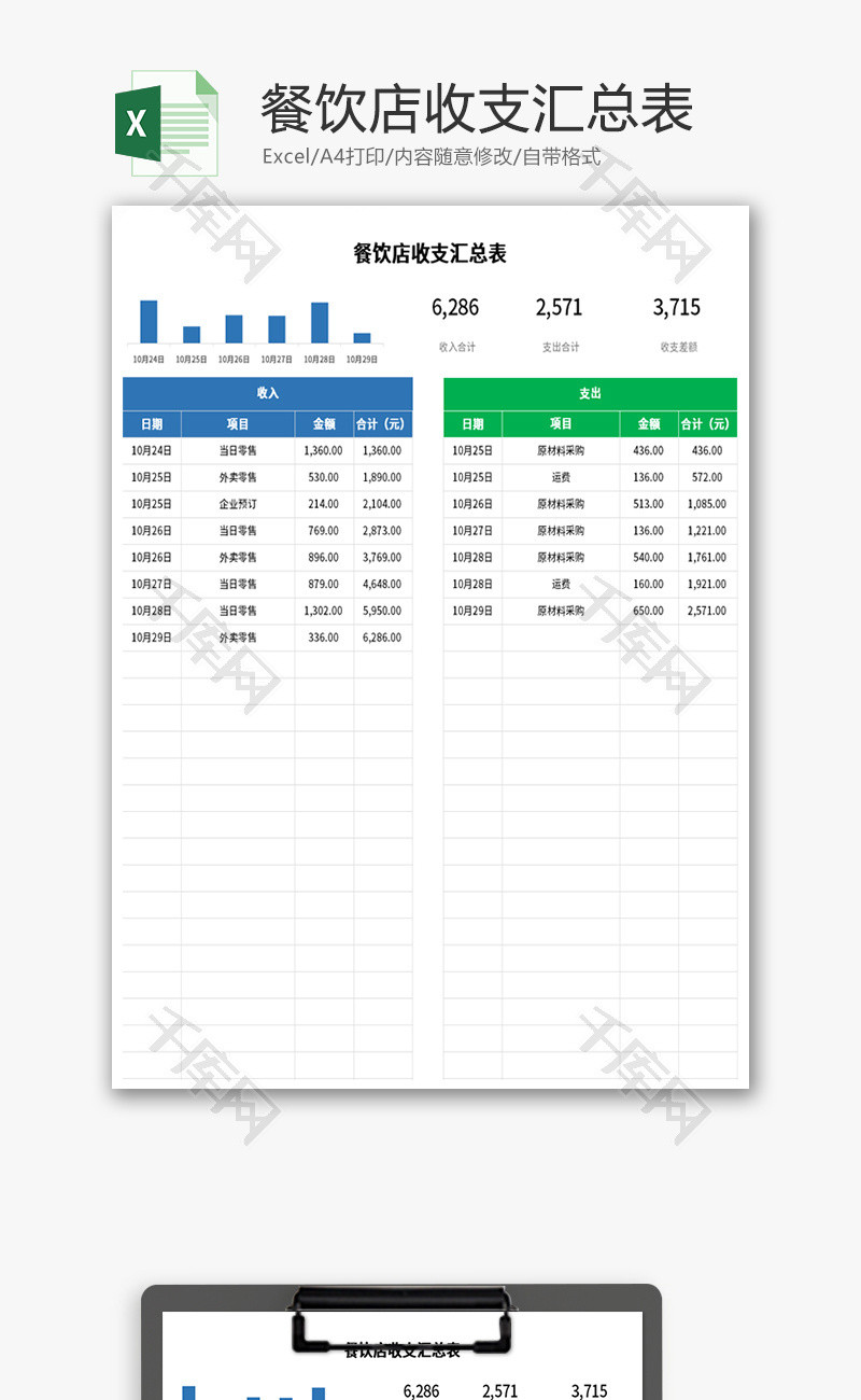 餐饮店收支汇总表Excel模板