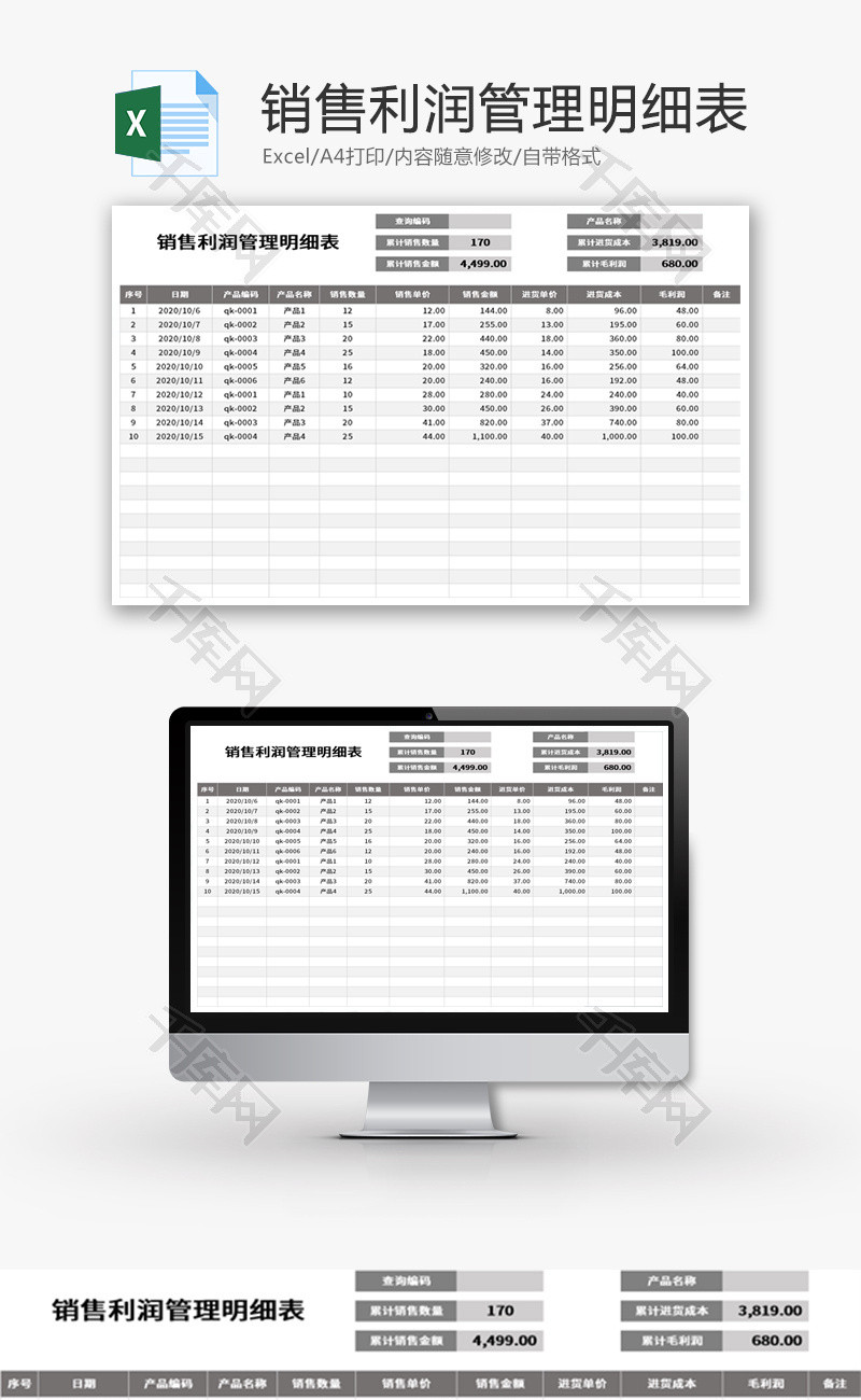 销售利润管理明细表Excel模板