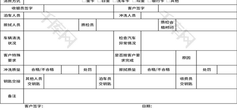 洗车项目质检单Excel模板