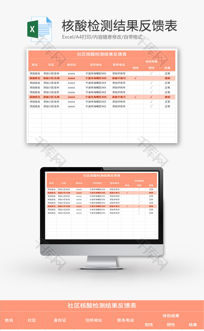 社区核酸检测结果反馈表Excel模板