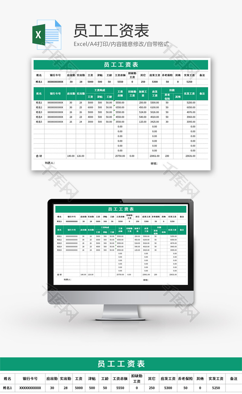 员工工资表Excel模板