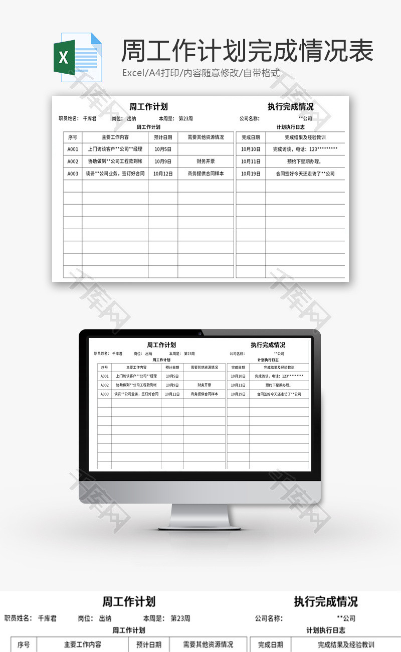 周工作计划完成情况表Excel模板