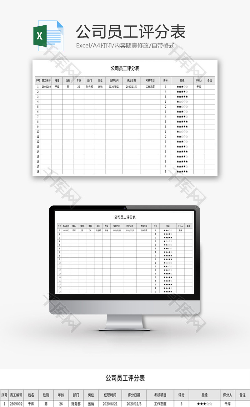 公司员工评分表Excel模板