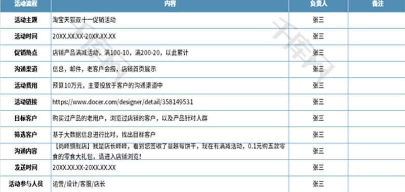 淘宝电商主题营销工作计划表Excel模板