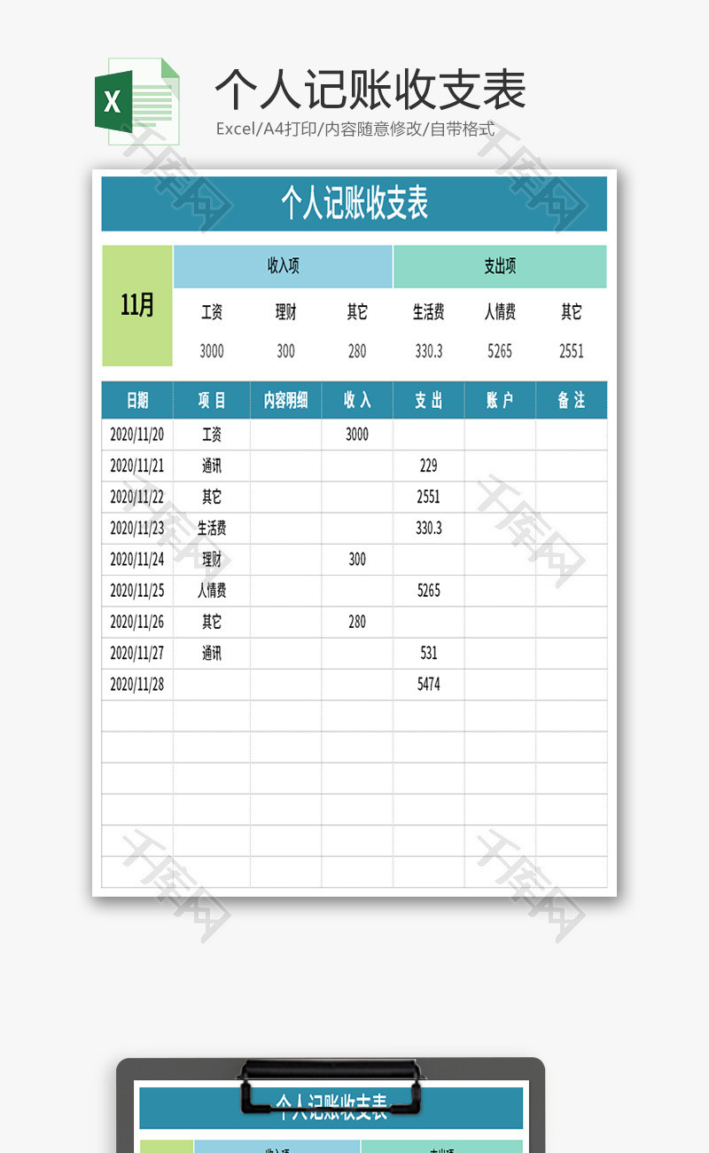 个人记账收支表Excel模板