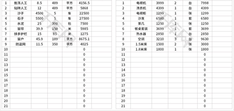 家用装修预算表Excel模板