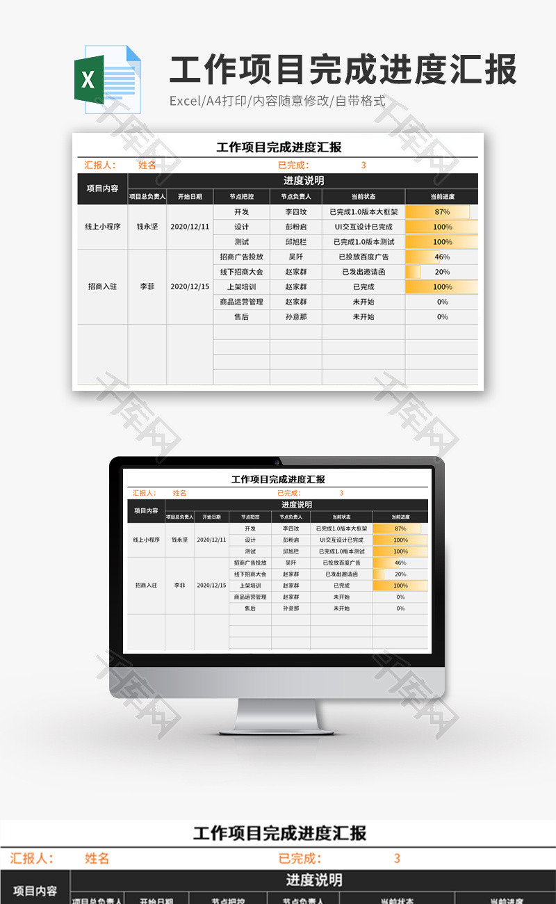 工作项目完成进度汇报Excel模板