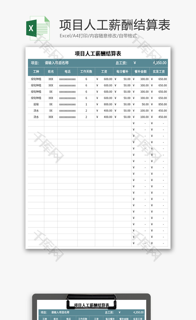 项目人工薪酬结算表Excel模板