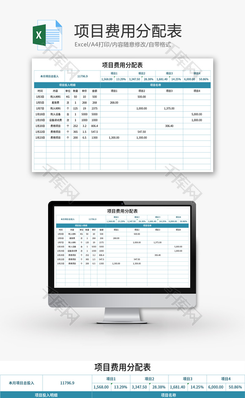 项目费用分配表Excel模板