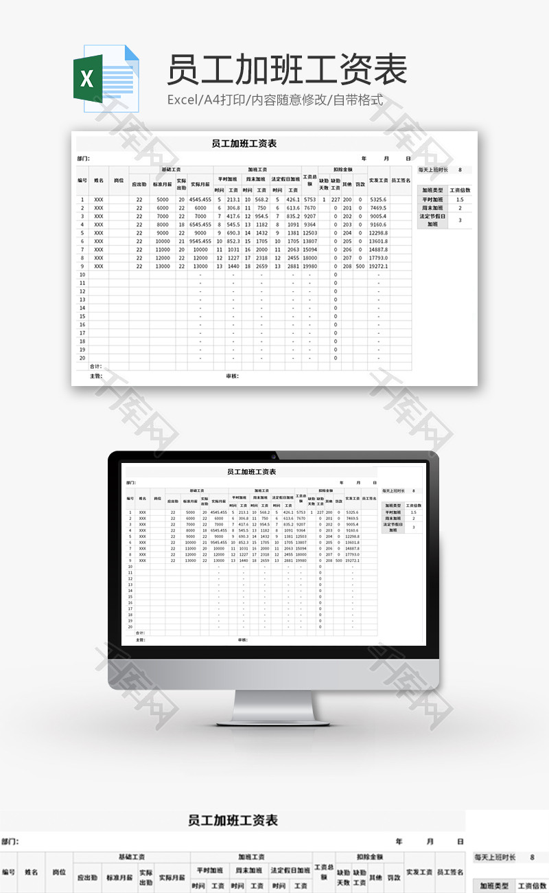 员工加班工资表Excel模板