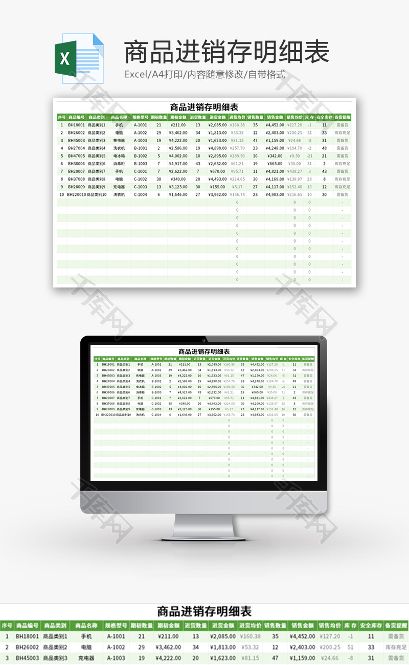 商品进销存明细表Excel模板
