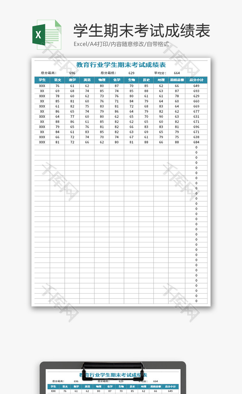 教育行业学生期末考试成绩表Excel模板