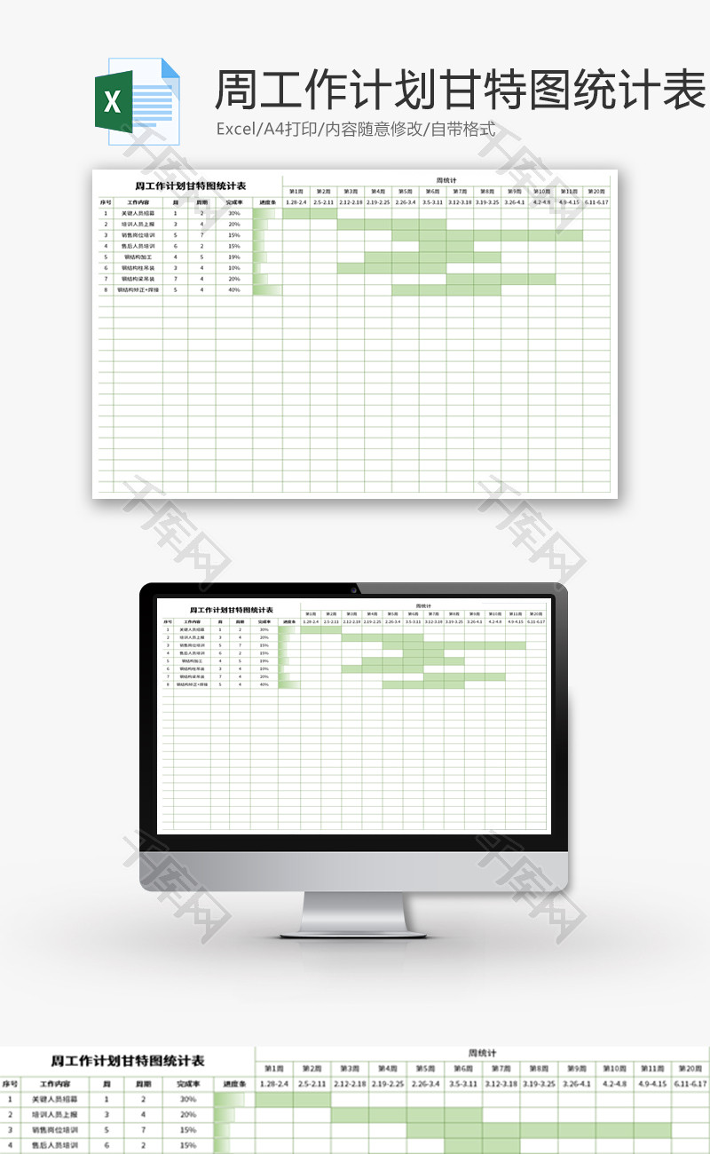 周工作计划甘特图统计表Excel模板