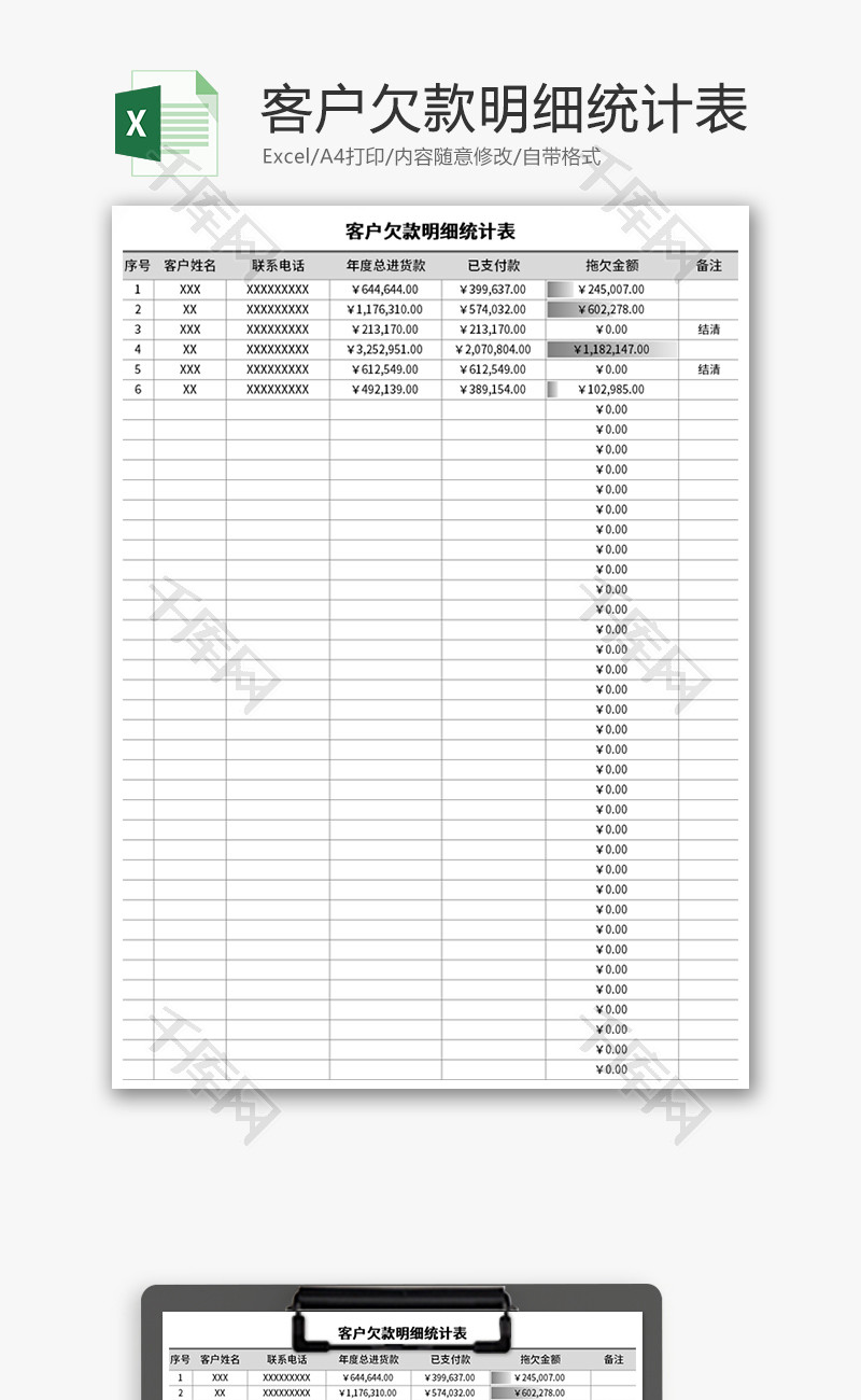客户欠款明细统计表excel模板