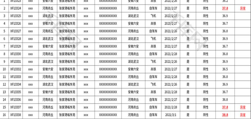 春季学生返校登记表Excel模板