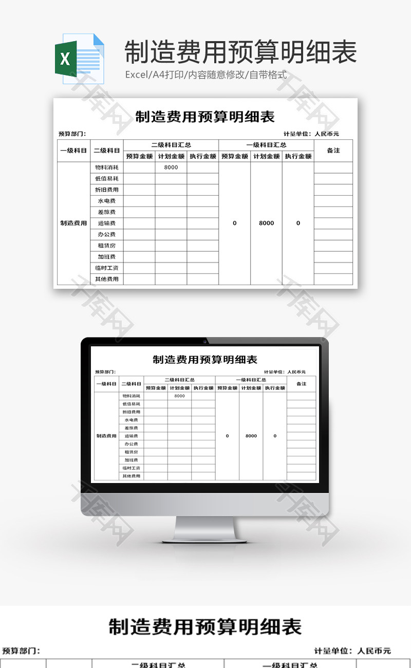 制造费用预算明细表Excel模板