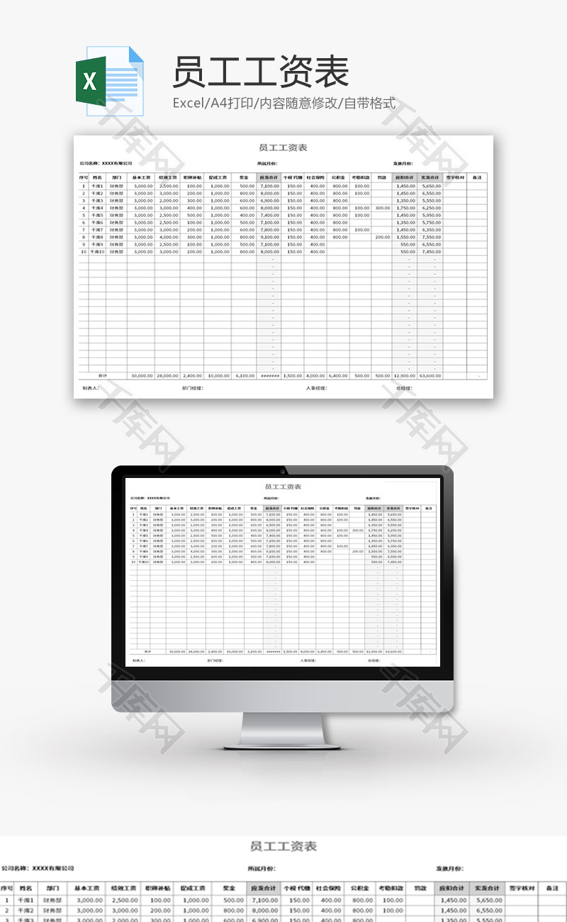 员工工资表Excel模板