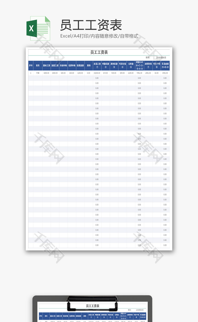 员工工资单Excel模板