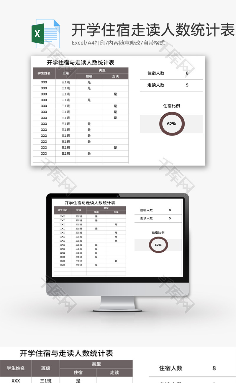 开学住宿与走读人数统计表Excel模板