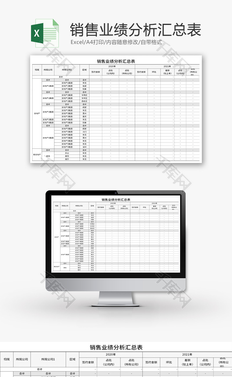 销售业绩分析汇总表Excel模板