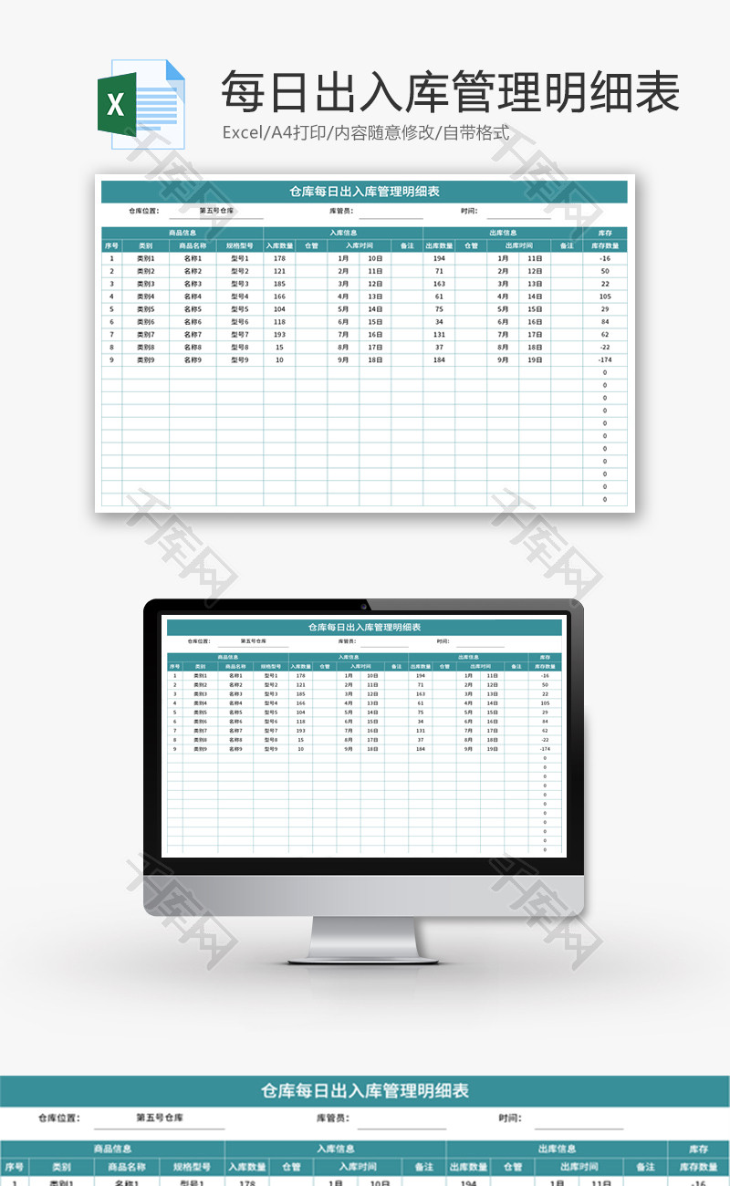 仓库每日出入库管理明细表Excel模板
