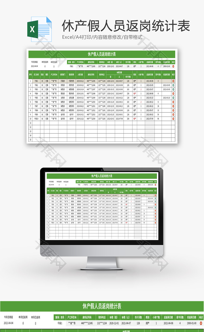 休产假人员返岗统计表Excel模板
