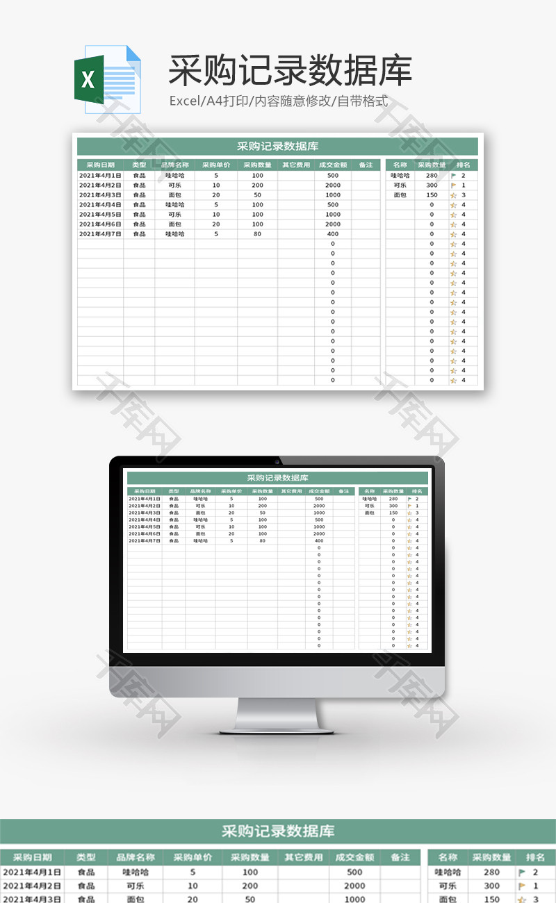 采购记录数据库Excel模板