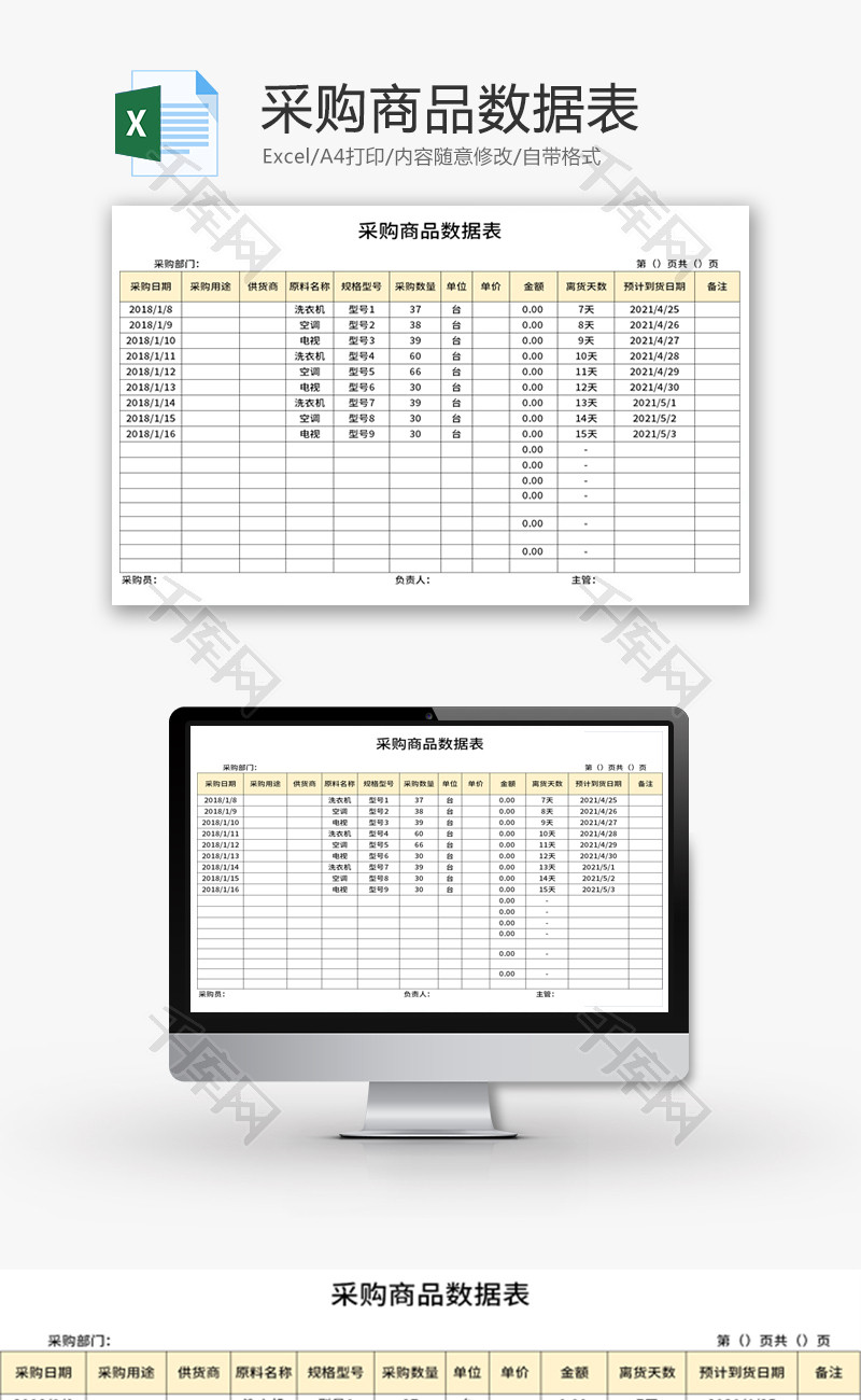 采购商品数据表Excel模板