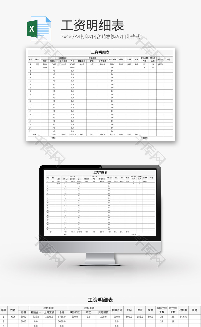 工资明细表Excel模板