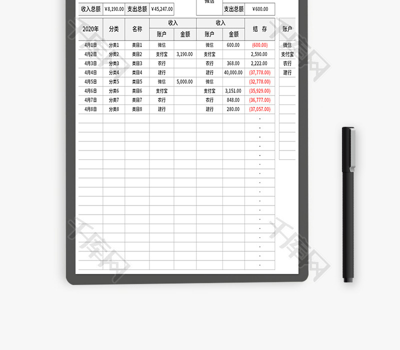 财务现金流量收支表Excel模板