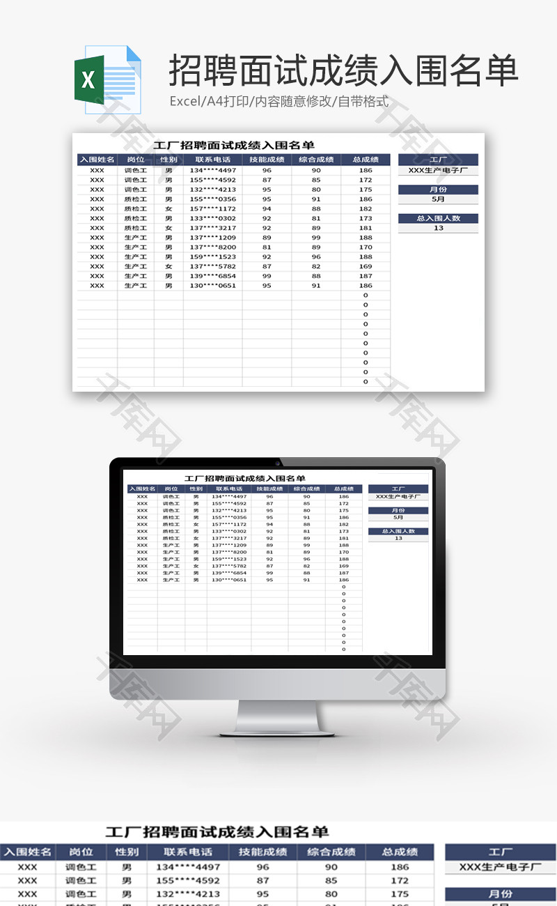 工厂招聘面试成绩入围表Excel模板