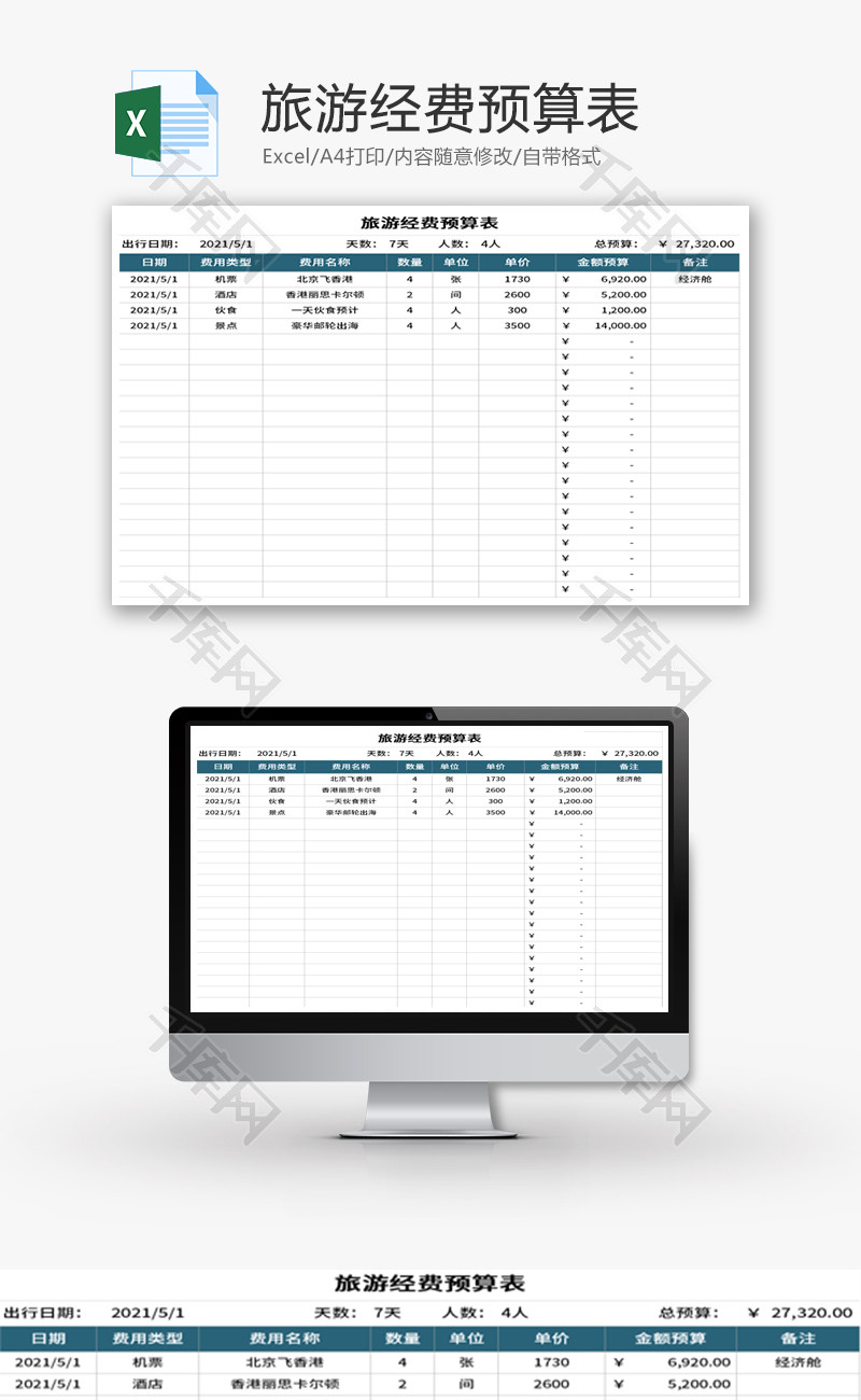 旅游经费预算表Excel模板