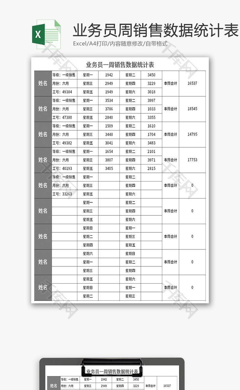 业务员一周销售数据统计表Excel模板