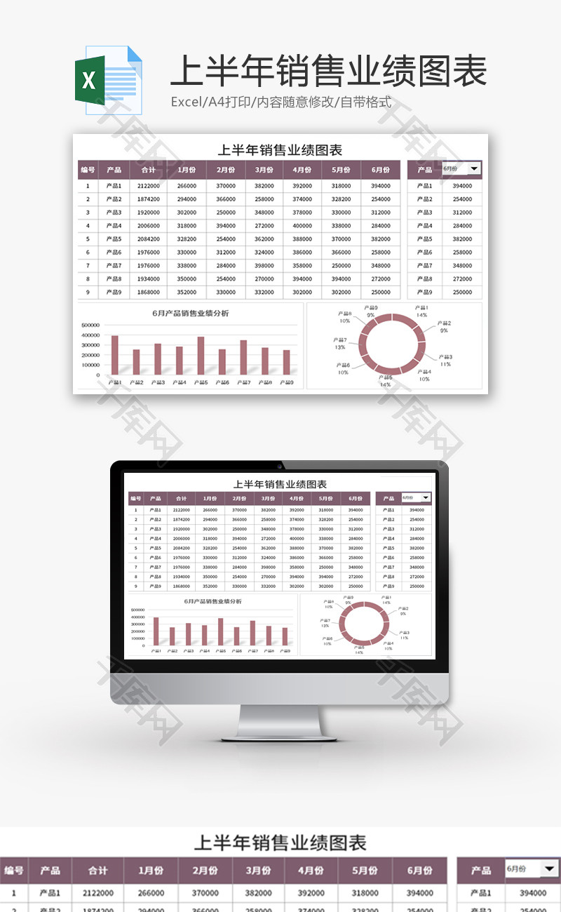 上半年销售业绩图表Excel模板