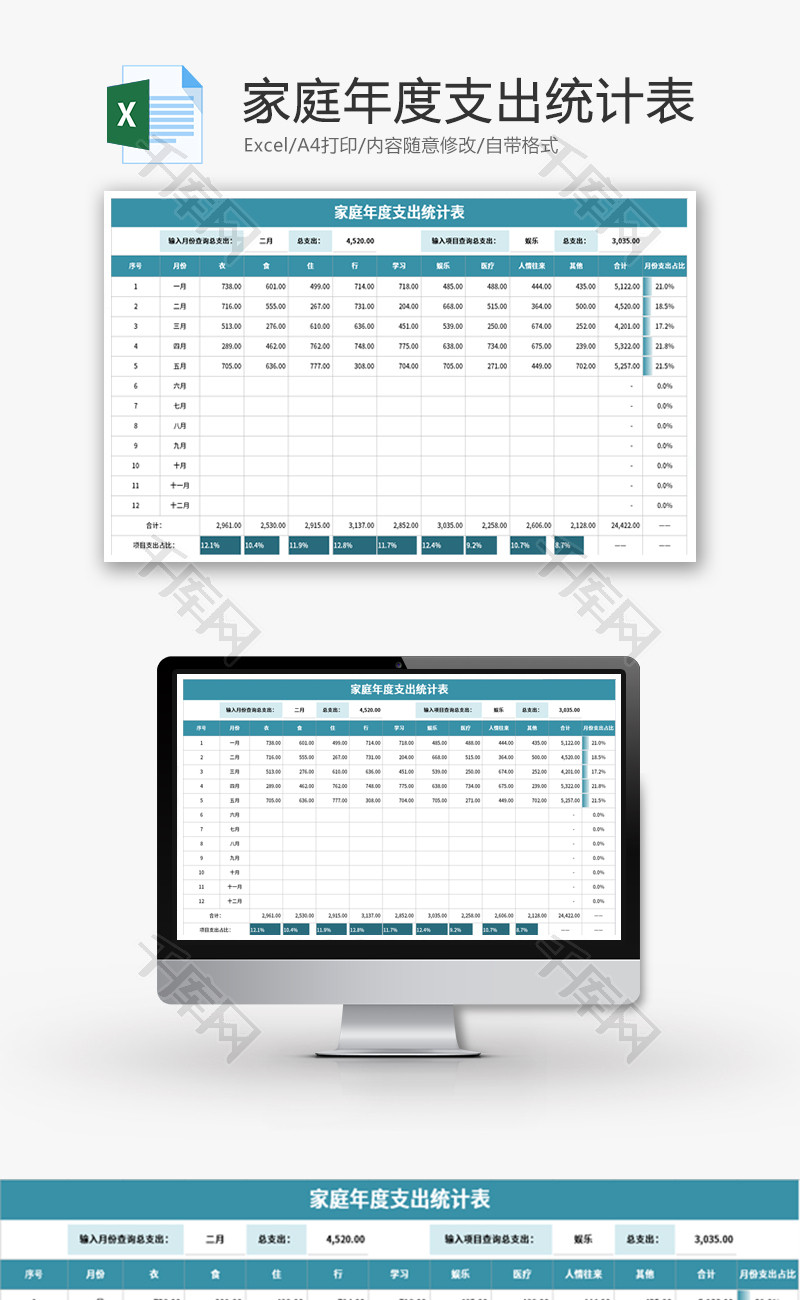 家庭年度支出统计表Excel模板