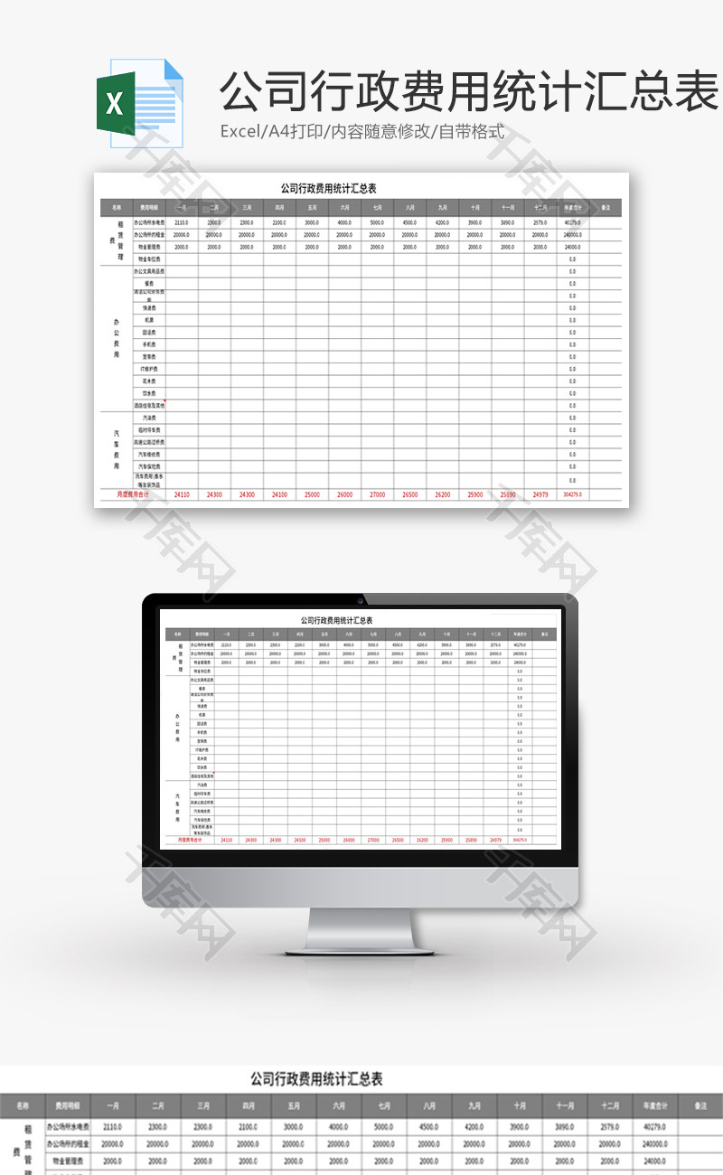 公司行政费用统计汇总表Excel模板