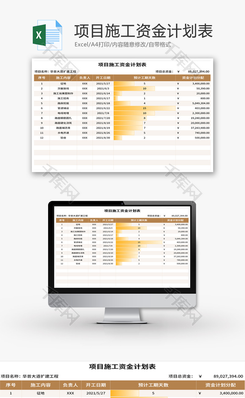 项目施工资金计划表Excel模板